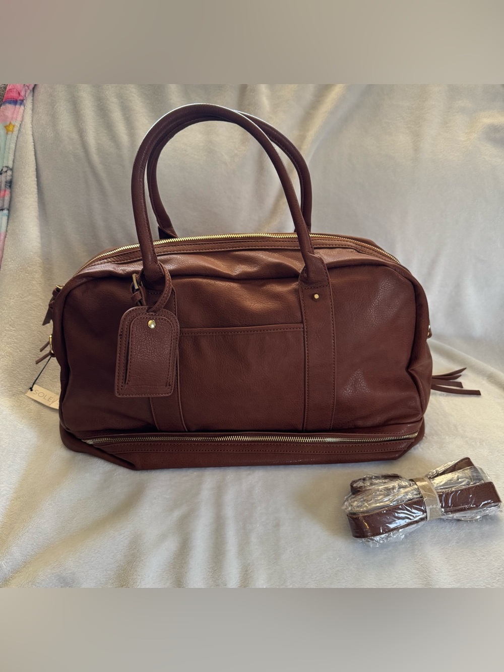 Sole Society Cognac Weekender Duffel Travel Bag Shoe Compartment NWT